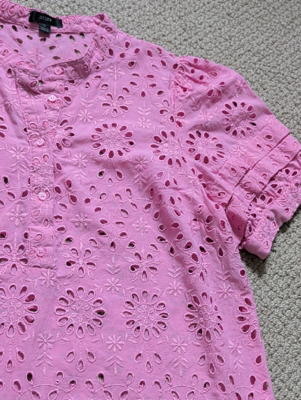 J. Crew Pink Split-Neck Embroidered Eyelet Short Puff Sleeve Blouse - Picture 10 of 10